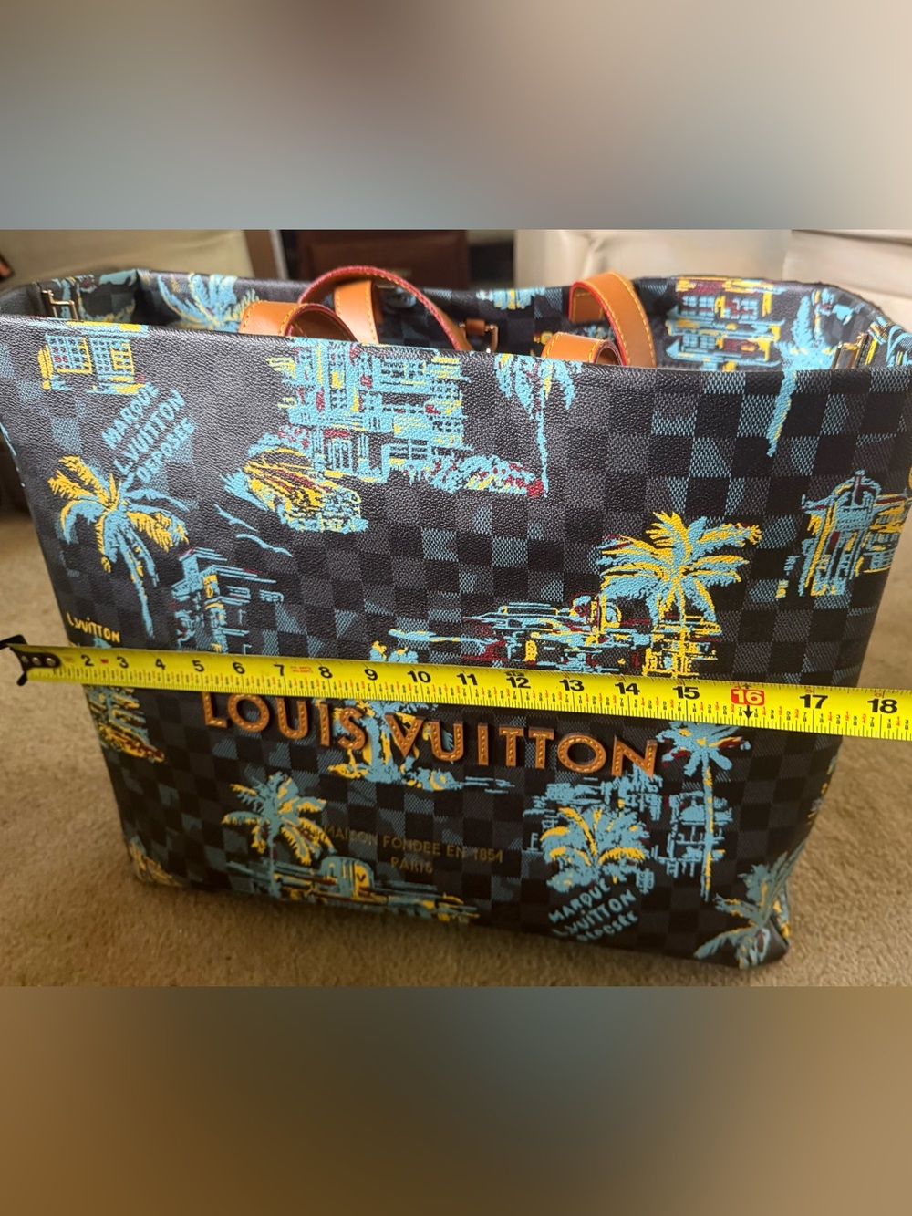LV Black, Blue & Yellow Printed Canvas GM Shopper Tote with Tan Handles - Picture 5 of 10